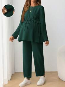 SHEIN 2 st Gravid Casual Rundhalsad Långärmad T-shirt med justerbar midja - Mörk Grön - Visa 4