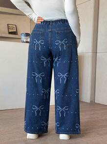 SHEIN EZwear Jeans holgados de tallas grandes para mujer con decoración de moño y bolsillos
