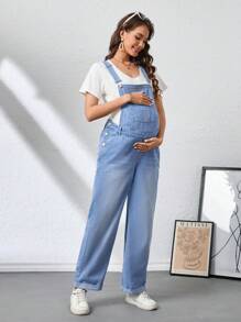 SHEIN Maternity Casual Washed Simple Denim Bib Pants - Light Wash - View 6