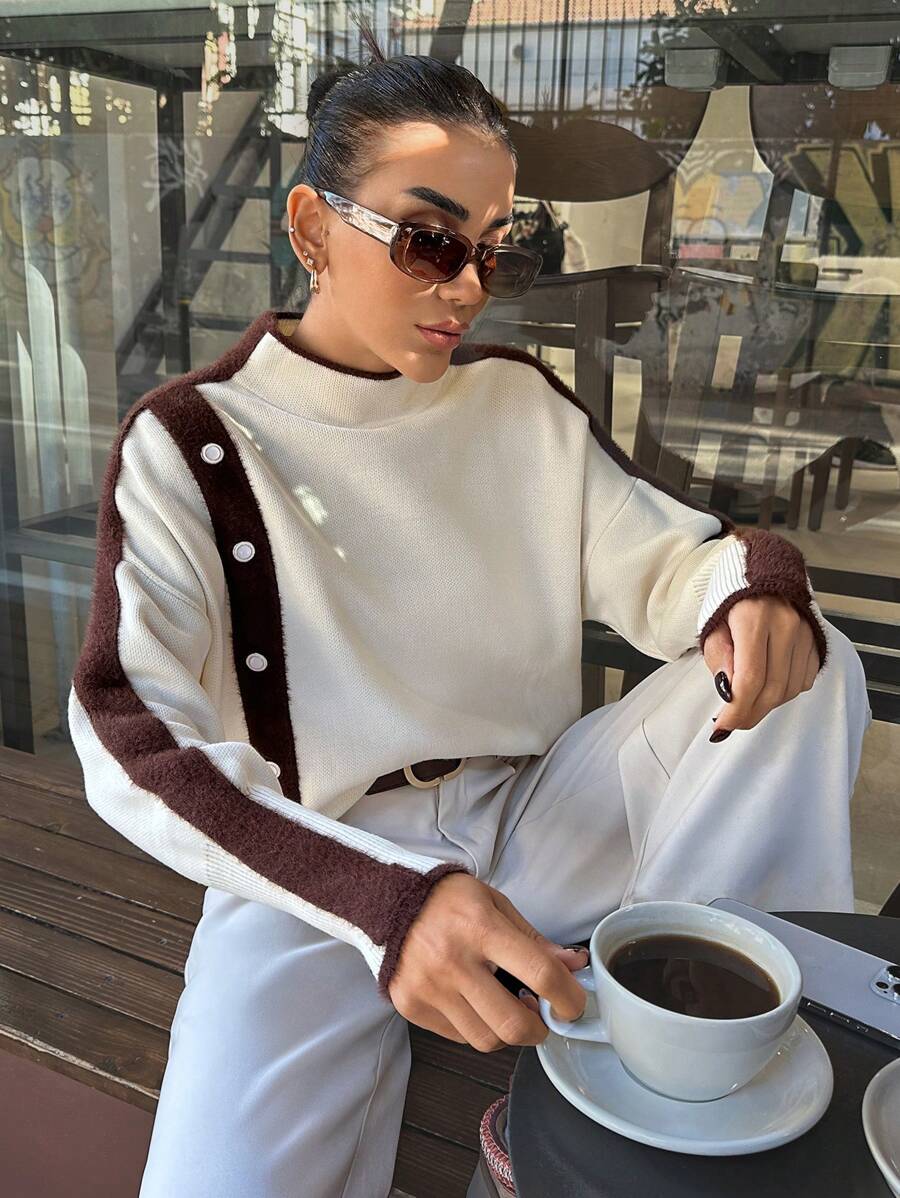 EURMUSE Women Hairy Stripe Button Detailed High Neck Drop Shoulder Pullover - Brown - View 1