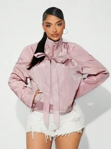 SHEIN SXY Casual Solid Color Front Bow Nylon Jacket,Winter Coat,Winter Women Coat,Winter Jacket,Pink - Pink - View 1