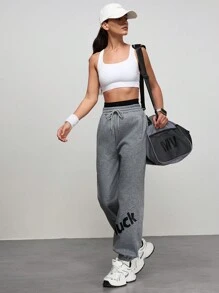 SHEIN Sports Damen Lässig Jogginghose mit Buchstaben Muster und Kordelzug Taille für Outdoor Aktivität