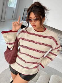 INAWLY Plus Size Colorblock Striped Knitted Sweater, Casual For Autumn/Winter Fall - Multicolor - View 3