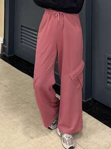 DAZY Women's Loose Solid Color Wide Leg Pants With Pockets & Elastic Waist Sweatpants - Pink - View 3
