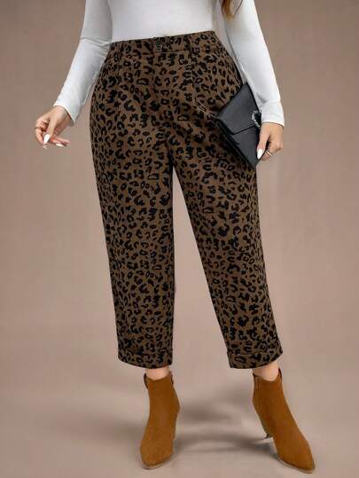 SHEIN LUNE 大码豹纹松紧腰休闲裤感恩节女装新年女装热卖