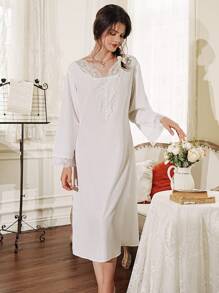 Côtesoire Elegantes französisches Spitzen-Patchwork Damen Nachthemd