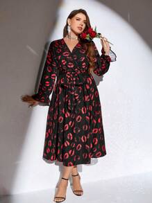 SHEIN Clasi Plus Size Lips Print V Neck Long Sleeve Dress, For Spring, Valentine's Day - Red - View 5
