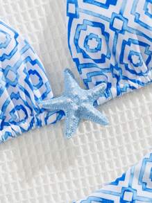 Women's Casual Vacation Spaghetti Strap Halter Diamond Patterned Random Print Triangle Cup Backless Bikini Swimwear Summer