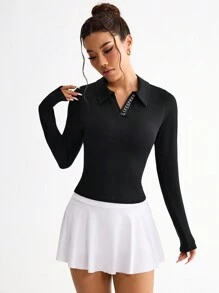 Easithlete Women's Letter Print Turn-Down Collar Long Sleeve Casual Fitness Sports Polo Shirt - Black - View 6