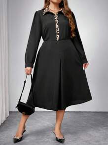 INAWLY Women Plus Size Elegant Leopard Patchwork Long Sleeve Shirt With Skirt 2 Pieces Set