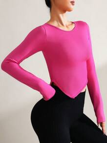 SHEIN Women's Solid Color Round Neck Long Sleeve Fitted Daily Fitness Workout T-Shirt - Hot Pink - View 3