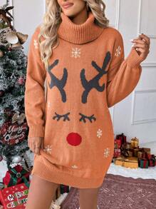 SHEIN LUNE 超大号休闲中长款毛衣裙，时尚麋鹿图案设计，时尚宽松高领灯笼袖，适合秋冬圣诞季，减龄 - 橘色 - 查看 4