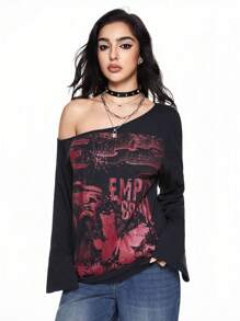 ROMWE Grunge Punk Punk Themed Printed Loose Fit Asymmetrical Neck Flared T-Shirt - Black - View 6
