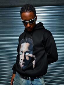 Manfinity Dauomo Men's Simple Figure Print Long Sleeve Hoodie Sweatshirt - Black - View 5