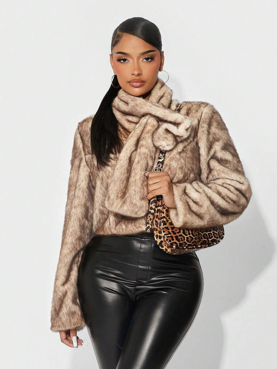 SHEIN SXY Thick Warm Fluffy Scarf Collar Brown Outerwear, Autumn/Winter - Brown - View 1
