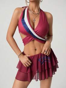 SHEIN ICON 2 Pieces Set: Fitted Draped Neck Cross-Tie Sportswear Top And Skirt