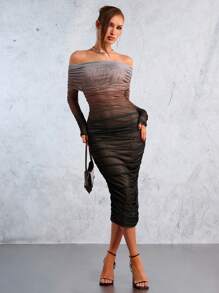 SHEIN SXY 新年婚礼季派对优雅休闲性感夜店情人节约会必备棕黑渐变扎染印花一字肩长袖高弹力褶皱网眼长款修身连衣裙 - 彩色 - 查看 1