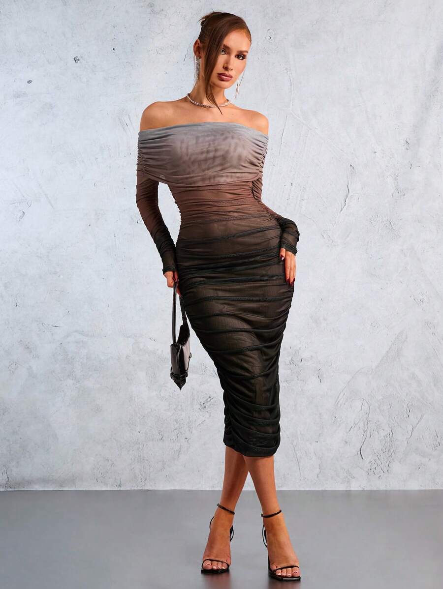 SHEIN SXY 新年婚礼季派对优雅休闲性感夜店情人节约会必备棕黑渐变扎染印花一字肩长袖高弹力褶皱网眼长款修身连衣裙 - 彩色 - 查看 1