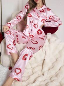红唇和心形印花仿丝翻领睡衣套装，秋季服装 - 粉色 - 查看 3