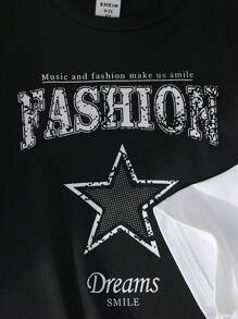 SHEIN 2 قطعة / مجموعة من القمصان قصيرة الأكمام بطباعة أحرف بأسلوب أمريكي أنيق وأعلى صيفية عصرية متعددة الاستخدامات للأولاد الصغار - أبيض وأسود - مشاهدة 4