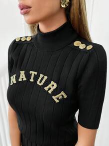EURMUSE Women Nature Embroidery Detailed Buttoned Mini Short Sleeve Chick Sweater Dress - Black - View 5