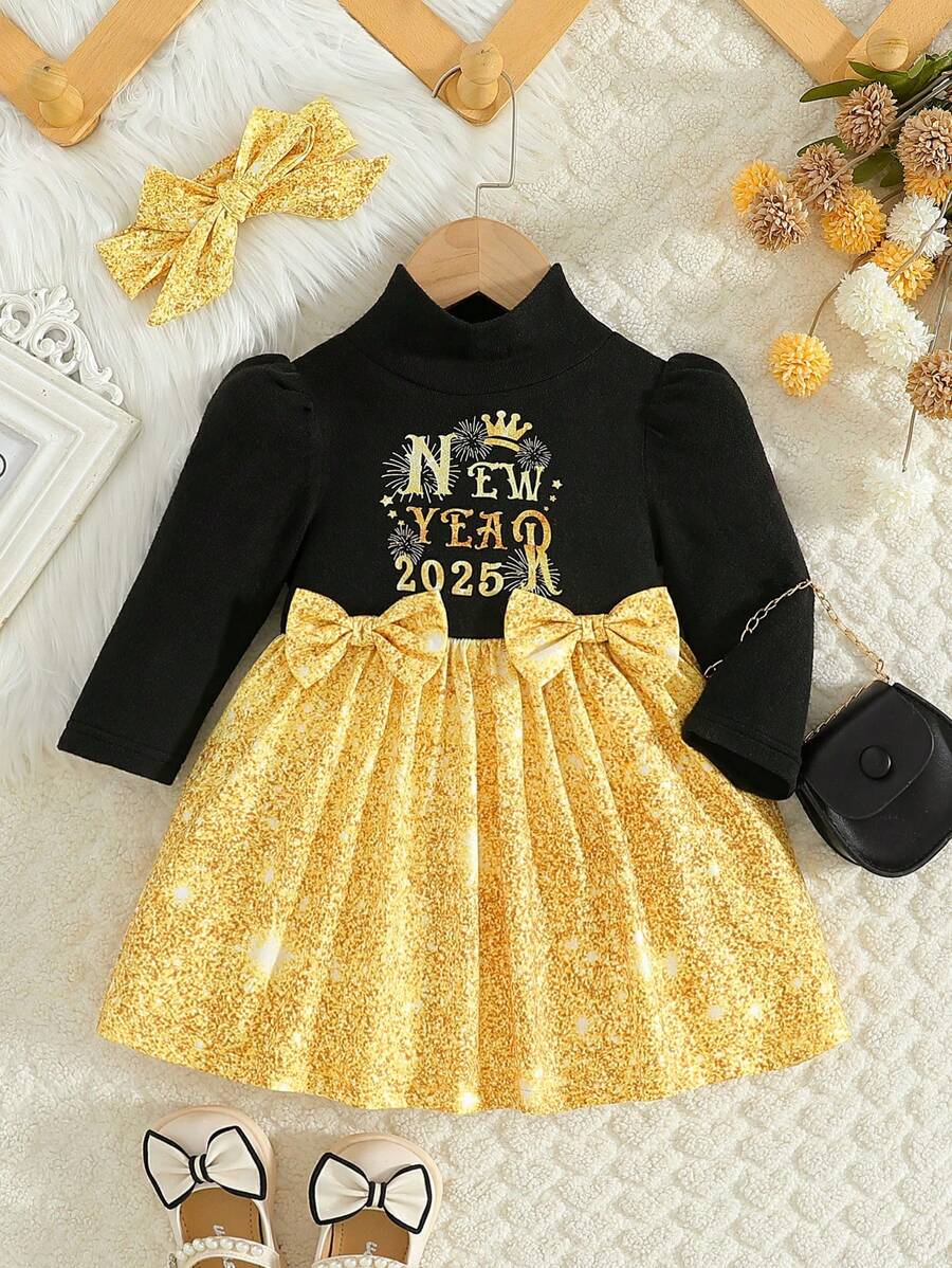 SHEIN Abito da bambina con motivo a fuochi d'artificio adorabile, collo alto, maniche a palloncino, decorato con fiocco e fascia per la testa, adatto per uscite