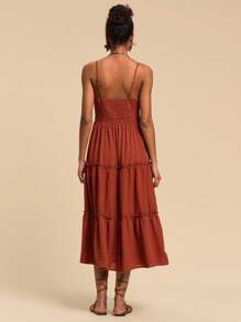 Travachic Women's Ruched Drawstring Hollow Out Multi-Layer Hem Cami Dress
