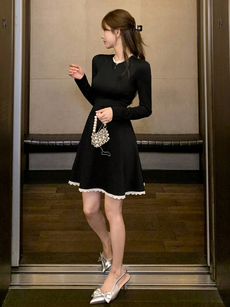 Women's Contrast Lace Crew Neck Long Sleeve Elegant Mid-Length Dress,Fall Dress