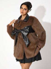 SHEIN SXY 大码女款棕色和黑色拼接 PU 皮革蝴蝶结装饰保暖外套，甜美青春，宽松版型，秋冬 - 摩卡棕 - 查看 4