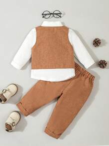 SHEIN 3pcs Baby Boys Gentleman Outfit Set: Bowknot Shirt + Double-Breasted Vest + Pants, Formal Party, Birthday, Wedding, Baptism, 1st Birthday