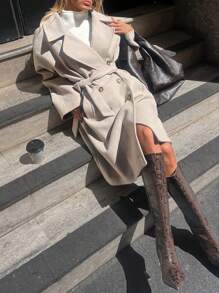 SHEIN Cottnline BEIGE WOMEN OVERCOAT WITH BELTED DETAIL - Beige - View 3