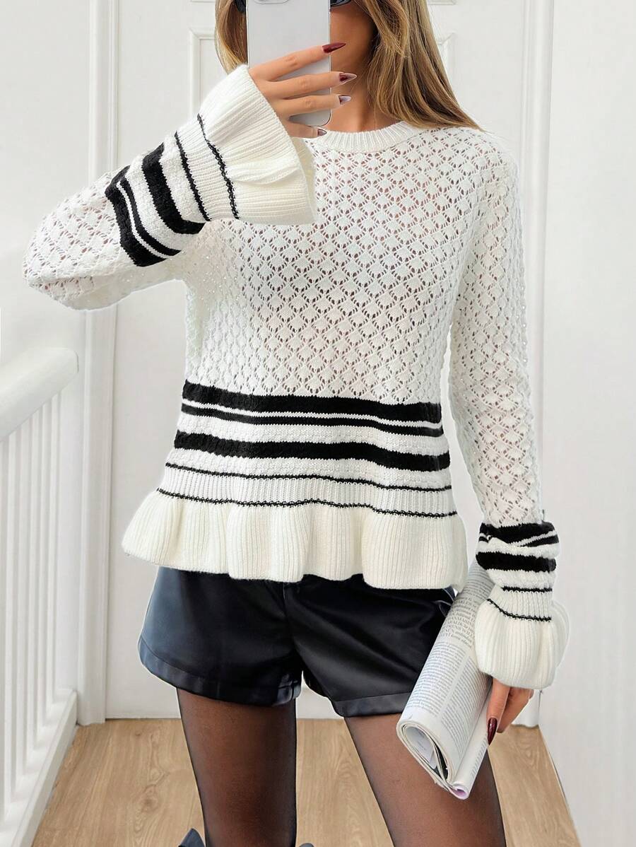 SHEIN Cottnline Damen gestreifter Pullover mit rundem Ausschnitt und Glockenärmeln, eleganter Sweater für den Herbst - Weiss - Übersicht 1