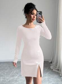 Elenzga Women Casual Bow Decor Round Neck Long Sleeve Short Dress