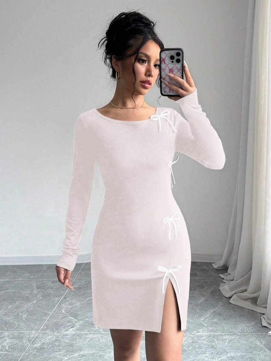 Elenzga Women Casual Bow Decor Round Neck Long Sleeve Short Dress