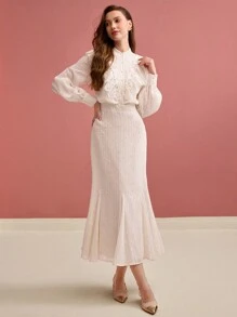 PREMIUM WOMEN'S JACQUARD LACE RUFFLE TRIM GODET HEM LONG DRESS - Beige - View 4