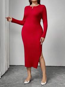 SHEIN Unity Plus Size Women's Split Hem Bodycon Sweater Dress For New Year Clothes - Red - View 4