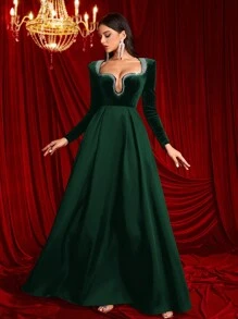 Glamrae 优雅天鹅绒和缎子拼布长袖奢华水钻装饰 A 字晚礼服、婚礼宾客礼服 - 墨綠色 - 查看 4