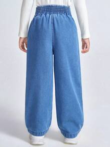 SHEIN Y2K Style Girls Wide Leg Loose Fit Washed Blue Jeans With Drawstring Waist, Casual & For Everyday Wear - Medium Wash - View 2