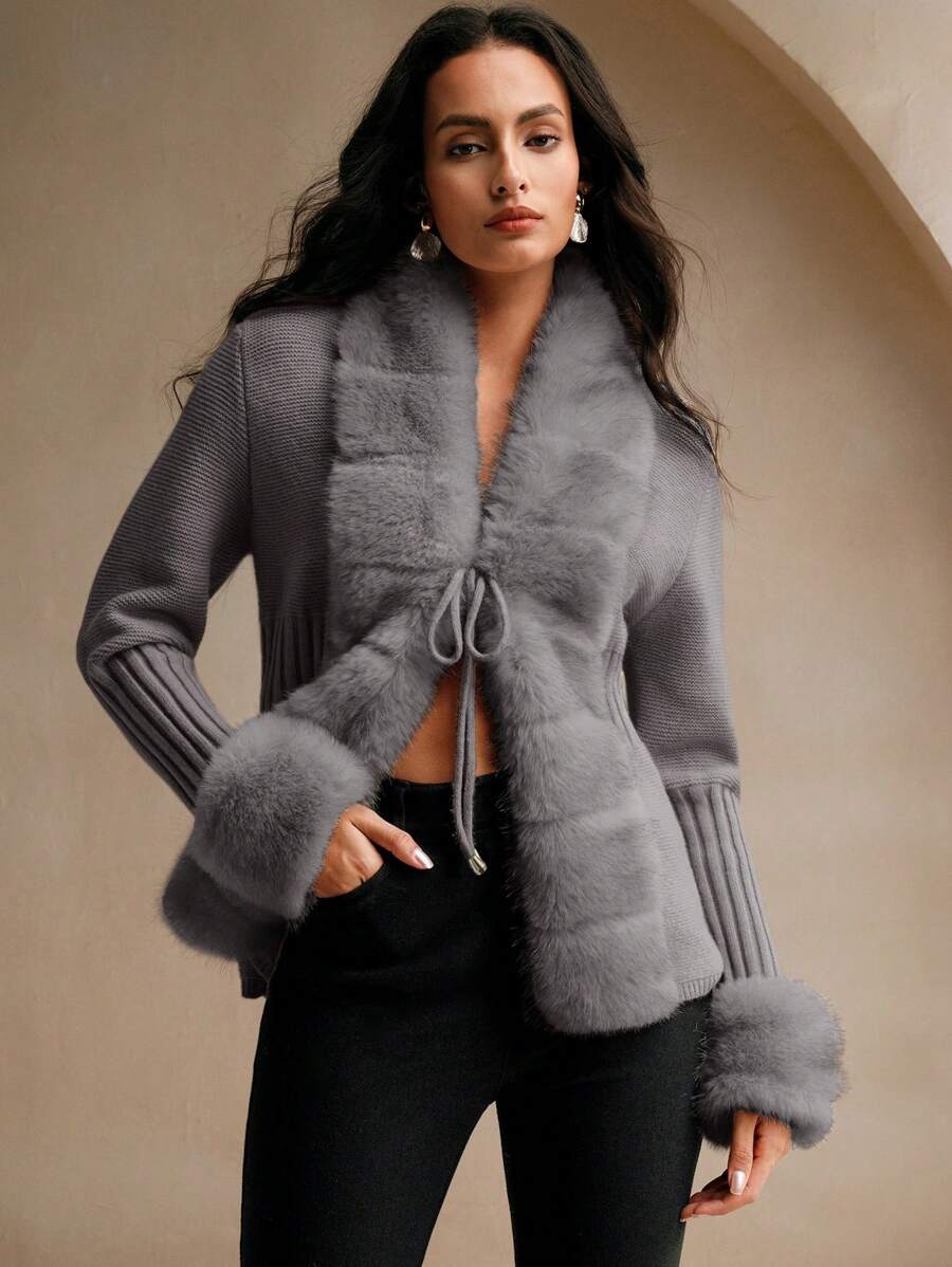 Anewsta Elegant Fox Fur Knit Cardigan Sweater For Women - Dark Grey - View 1