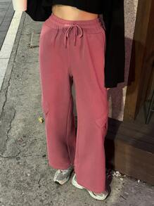 DAZY Women's Loose Solid Color Wide Leg Pants With Pockets & Elastic Waist Sweatpants - Pink - View 1