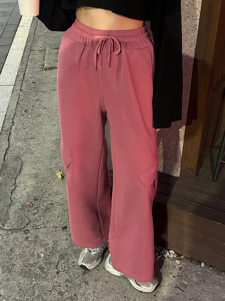 Women's Loose Solid Color Wide Leg Pants With Pockets & Elastic Waist Sweatpants