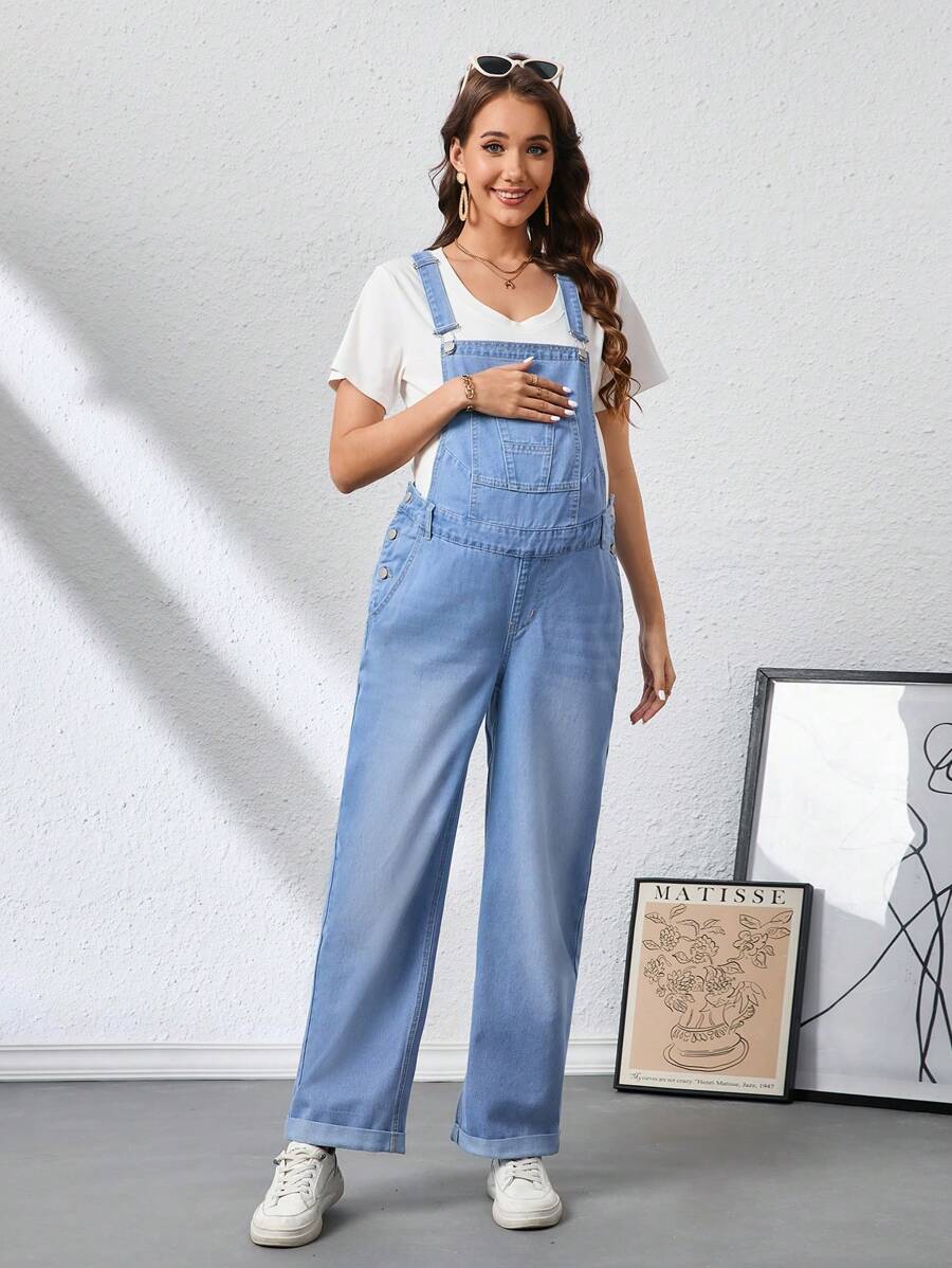 SHEIN Maternity Casual Washed Simple Denim Bib Pants - Light Wash - View 1