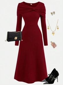 Girlism 少女纯色蝴蝶领罗纹长袖修身 A 字裙，优雅大方，适合外出、聚会、秋冬季