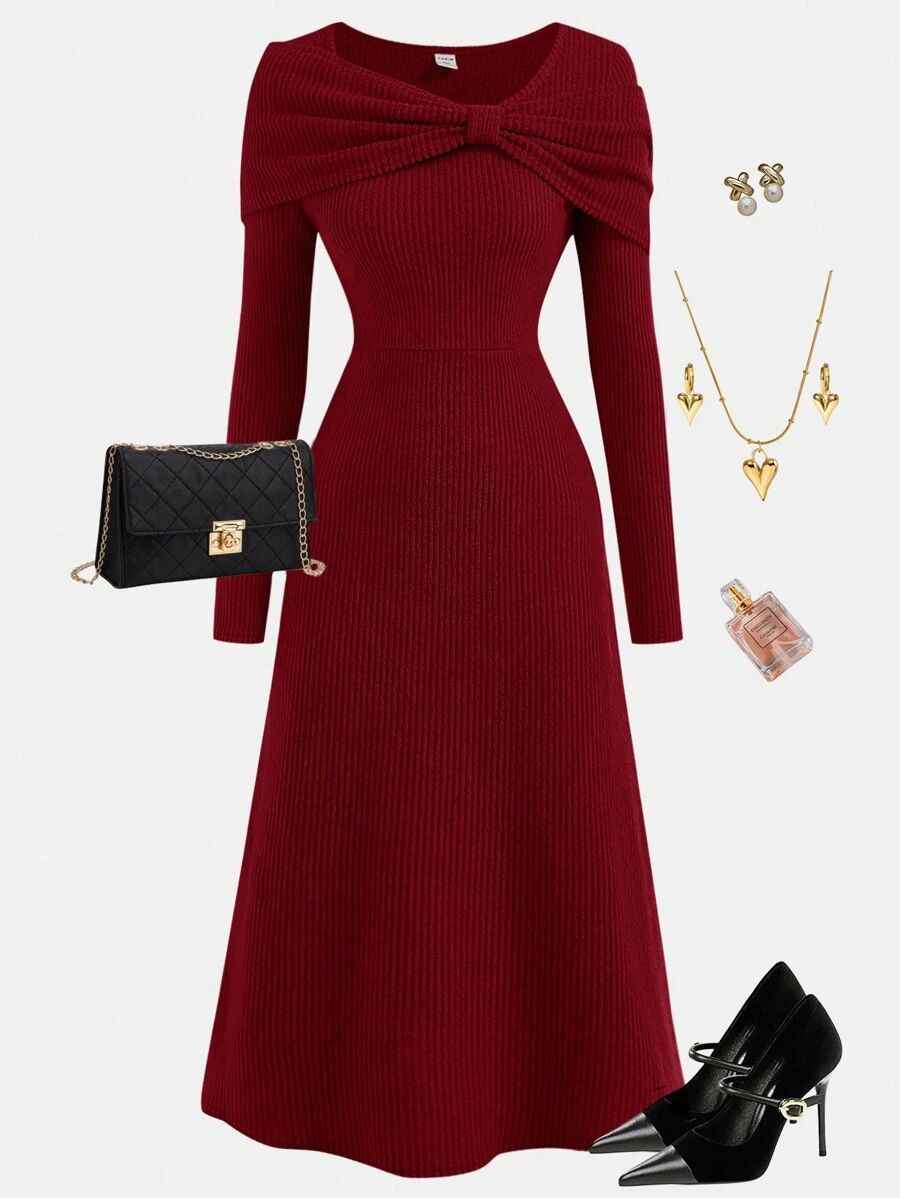 Girlism 少女纯色蝴蝶领罗纹长袖修身 A 字裙，优雅大方，适合外出、聚会、秋冬季