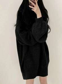 SoleilVie 女士休闲纯色高领毛衣连衣裙，冬季 - 黑色 - 查看 5