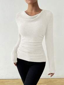 SHEIN Vintage Asymmetrical Draped Neck Distressed Texture Ruched Slim Fit Long Sleeve T-Shirt Fall Cloth For Women - White - View 3