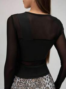 RiviMae Camiseta de manga larga de mujer con cuello redondo, de unicolor, de corte ajustado con panel de malla - Negro - Ver 6