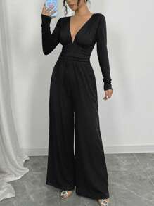 Elenzga Mono negro de moda para mujer, con mangas largas, tela texturizada, acentos plisados, pantalones de pierna ancha, otoño