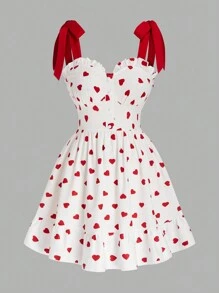 Sweetra Elegante mini vestido para una cita de San Valentín, vestido de volantes con estampado asimétrico de corazón rojo, elegante y femenino para el verano