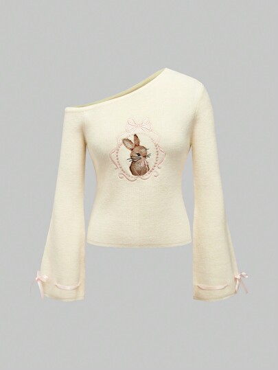 Kawaii Pull oversize avec épaules dénudées, nœud papillon et broderie de lapin
